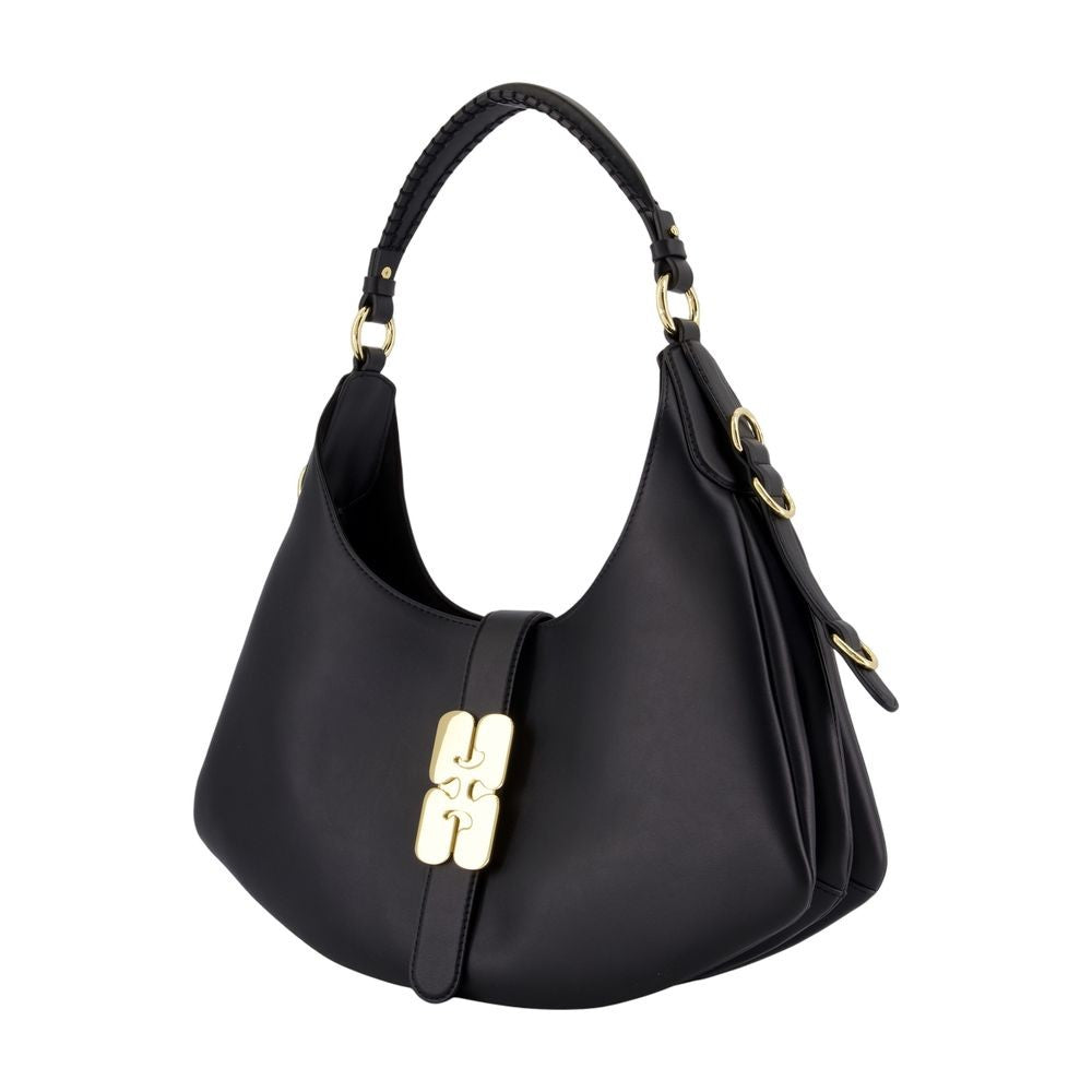 Ganni Kat Small Gold Shoulder Bag - Leather - Black