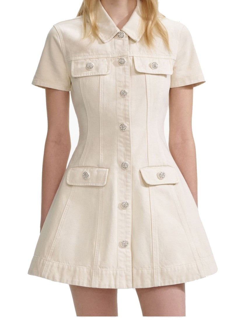 Self-Portrait Structured Beige Dress With Classic Collar And Flap Pockets