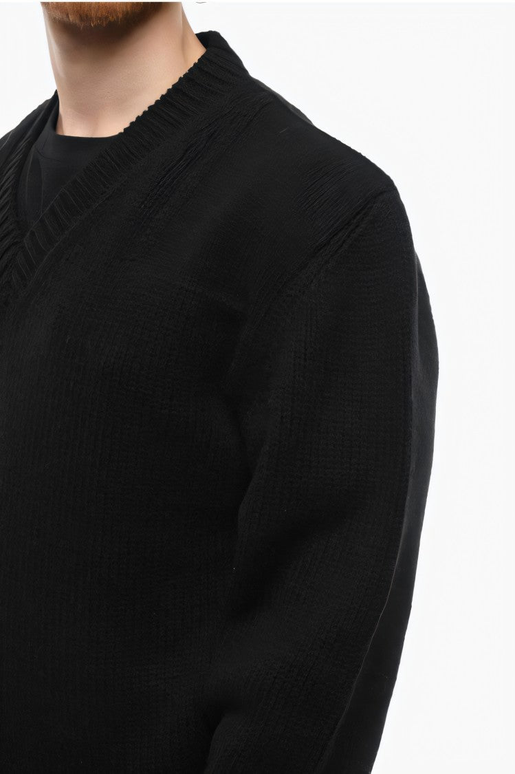 Prada Classic V-Neck Black Wool Sweater With Relaxed Fit