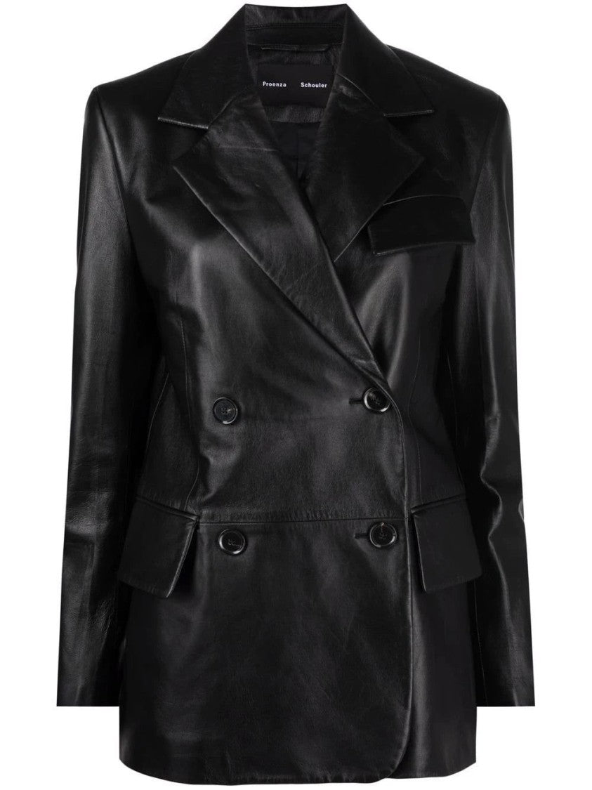 Proenza Schouler Double-Breasted Black Leather Blazer With Structured Silhouette