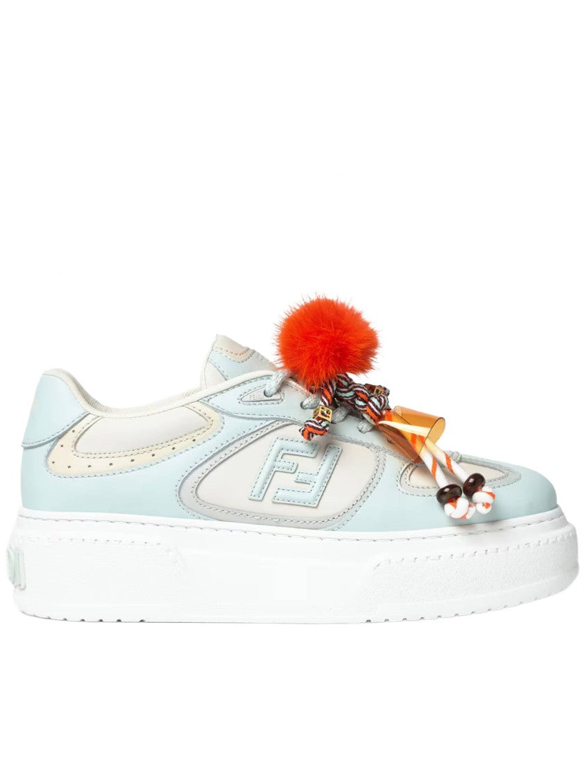 Fendi Pastel Blue And Cream Leather Sneakers With Detachable Accessories