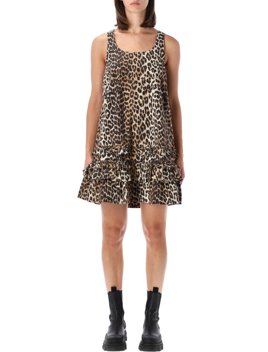 Ganni Leopard Cotton Poplin Mini Dress