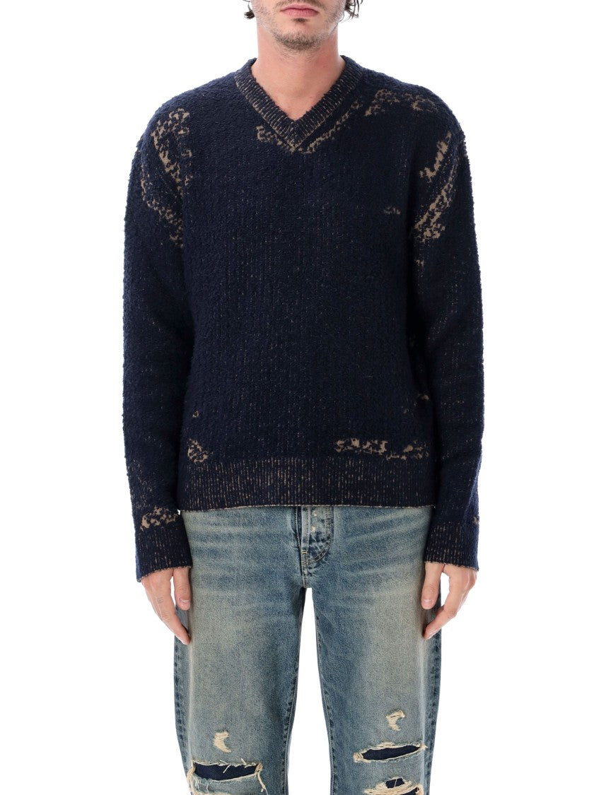 Maison Margiela Acid Knit Vintage Effect Cotton-Blend V-Neck Sweater