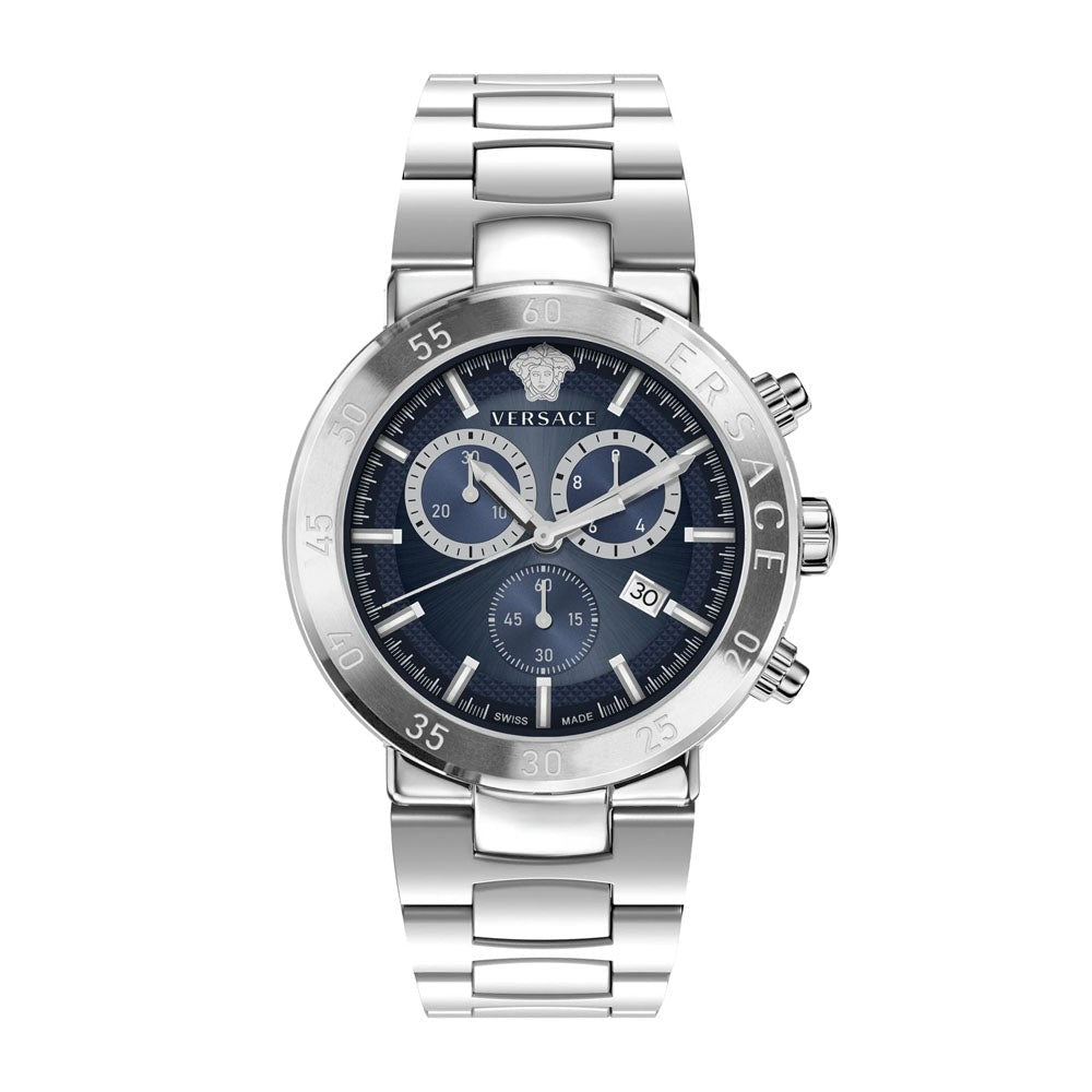 Versace Chronograph Watch With Polished Stainless Steel And Deep Blue Dial