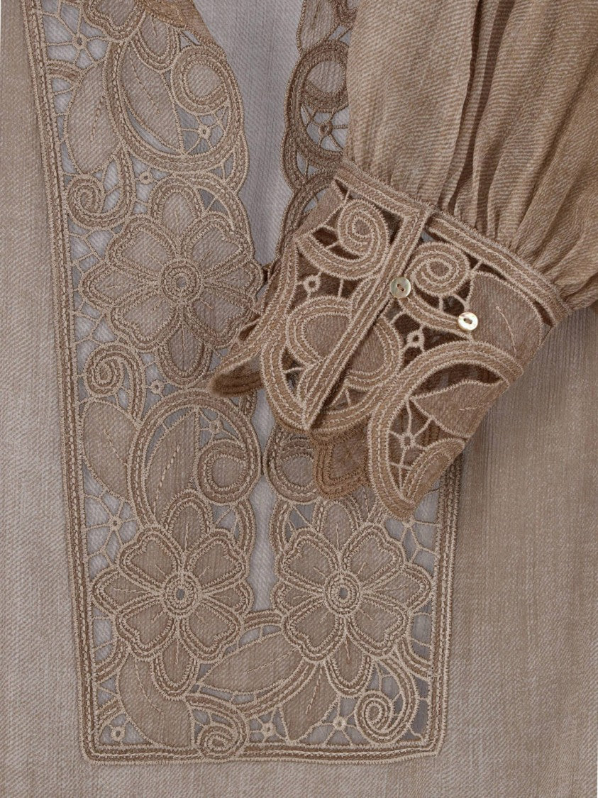Ermanno Scervino Beige Deep V-Neck Floral Lace Blouse