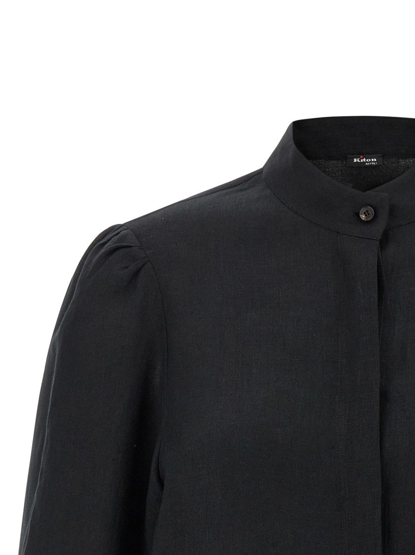 Kiton Fringed Linen Shirt With Mandarin Collar And Puff Sleeves