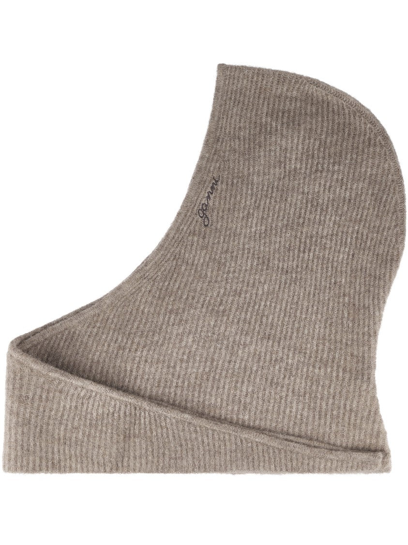 Ganni Ribbed Wool Balaclava With Subtle Logo Detail