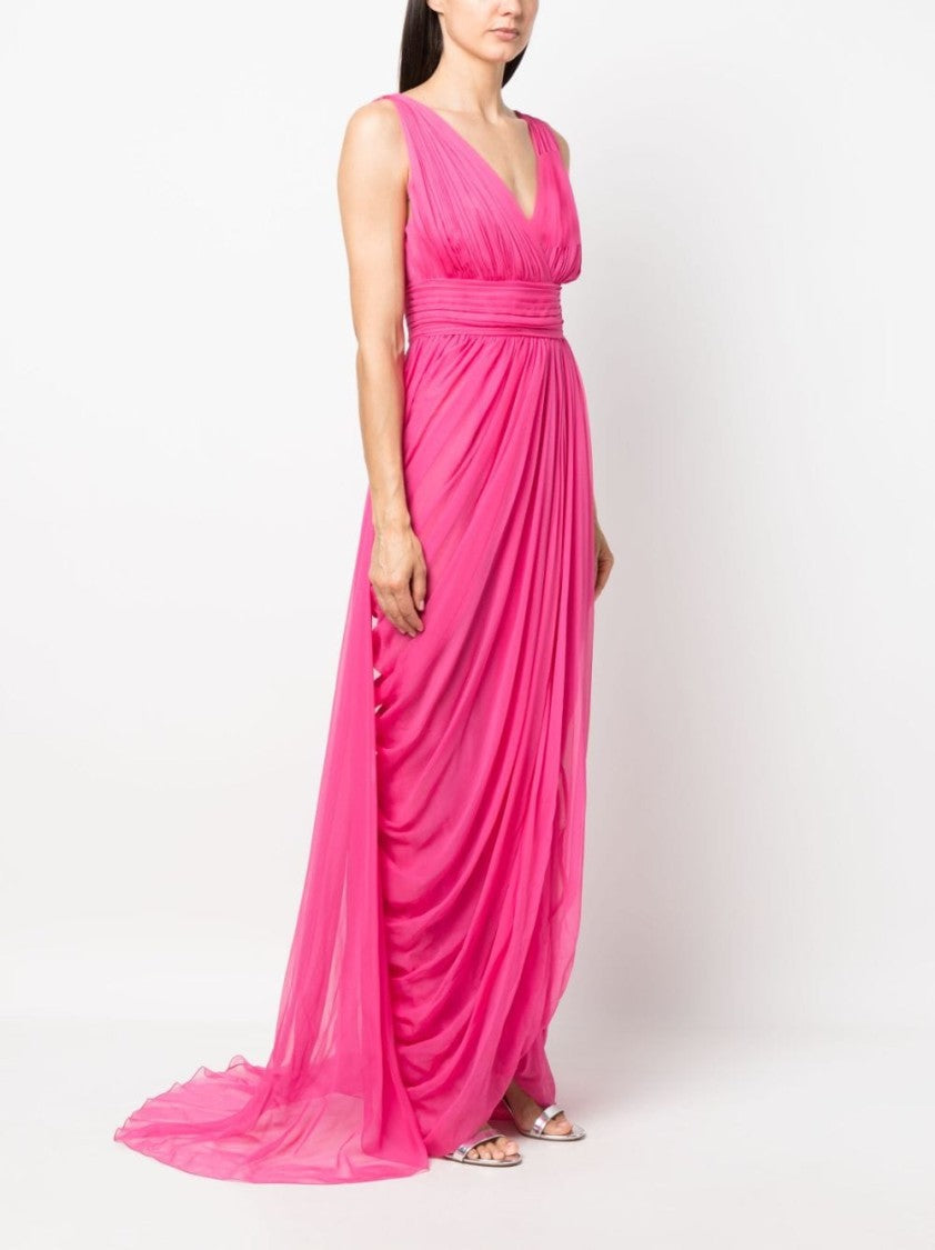 Alberta Ferretti Fuchsia Flowing Silk V-Neck Dress