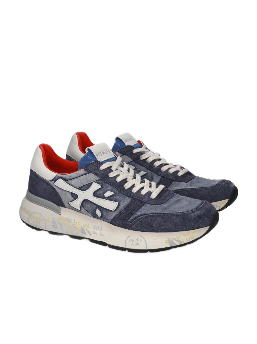 Premiata Blue Leather And Technical Fabric Sneakers With Cushioned Sole