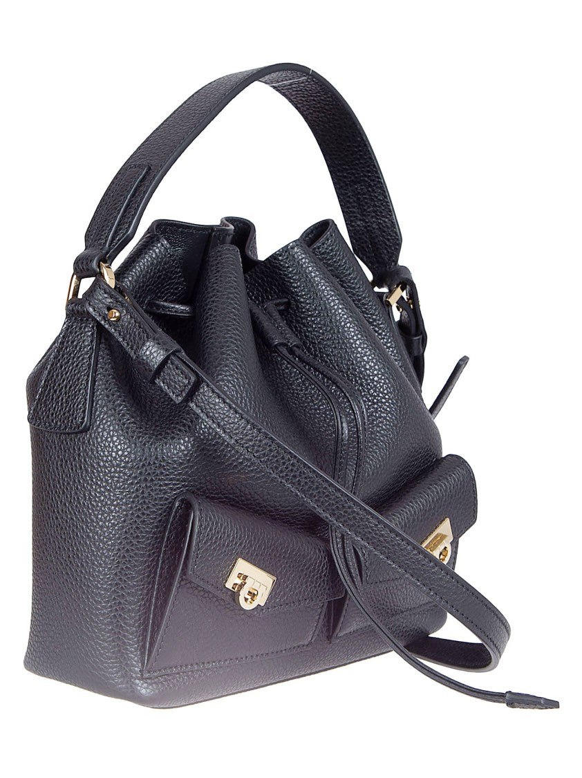 Ferragamo Small Bucket Bag In Finely Textured Black Leather