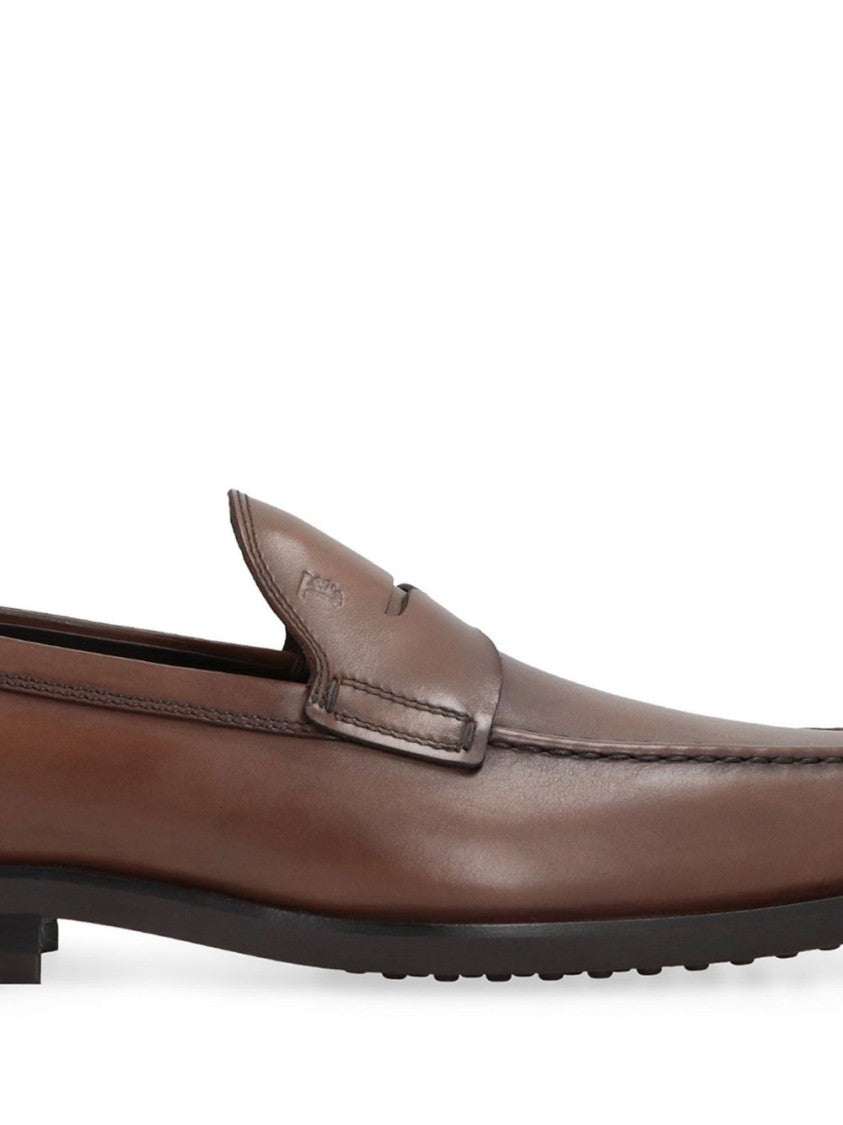 Tod's Brown Leather Moccasin Sandals With Polished Finish