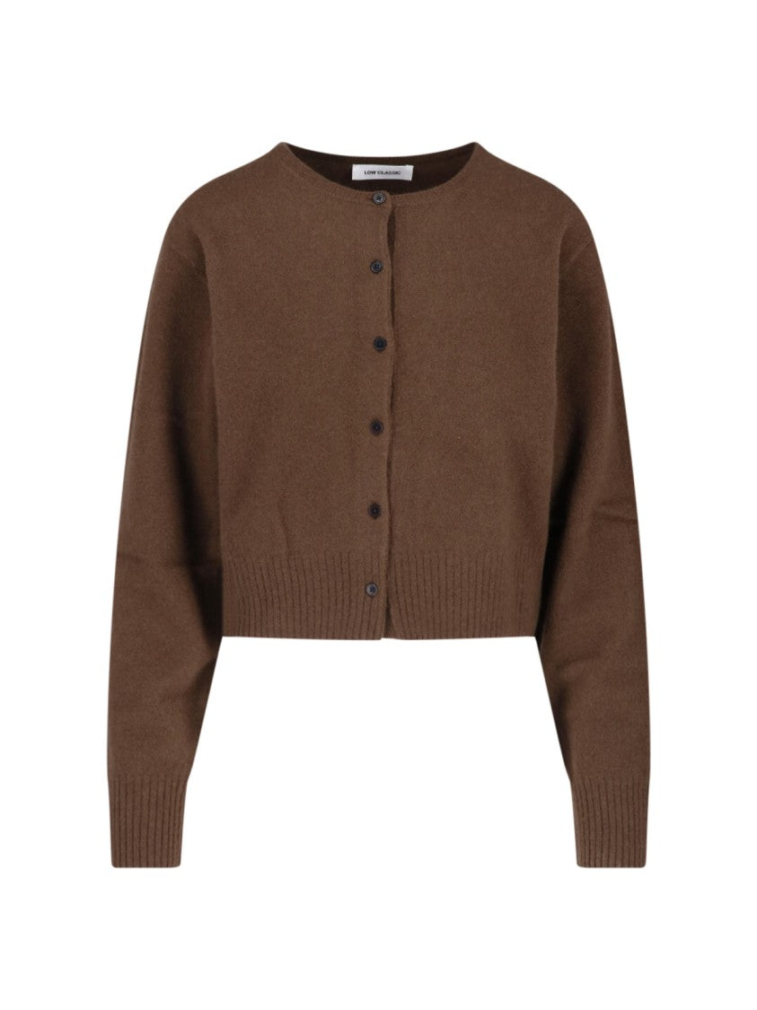 Low Classic Brown Round-Neck Dropped-Shoulder Wool Cardigan