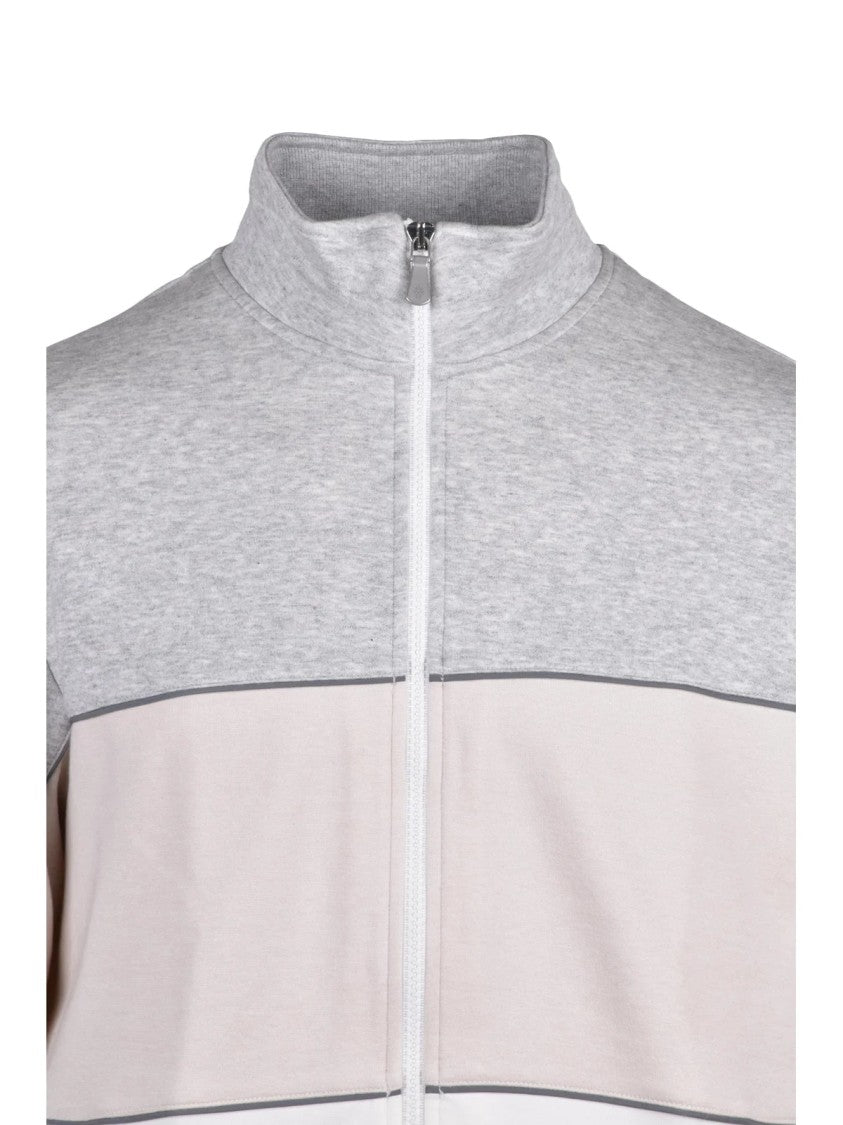 Eleventy Grey/Beige Color-Block Stand Collar Cotton Zip Sweatshirt