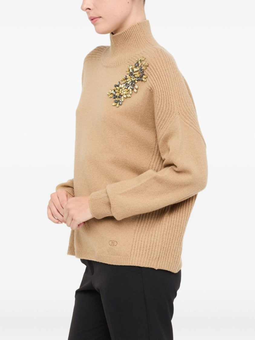 Liu Jo Beige Wool Sweater With High Ribbed Neckline