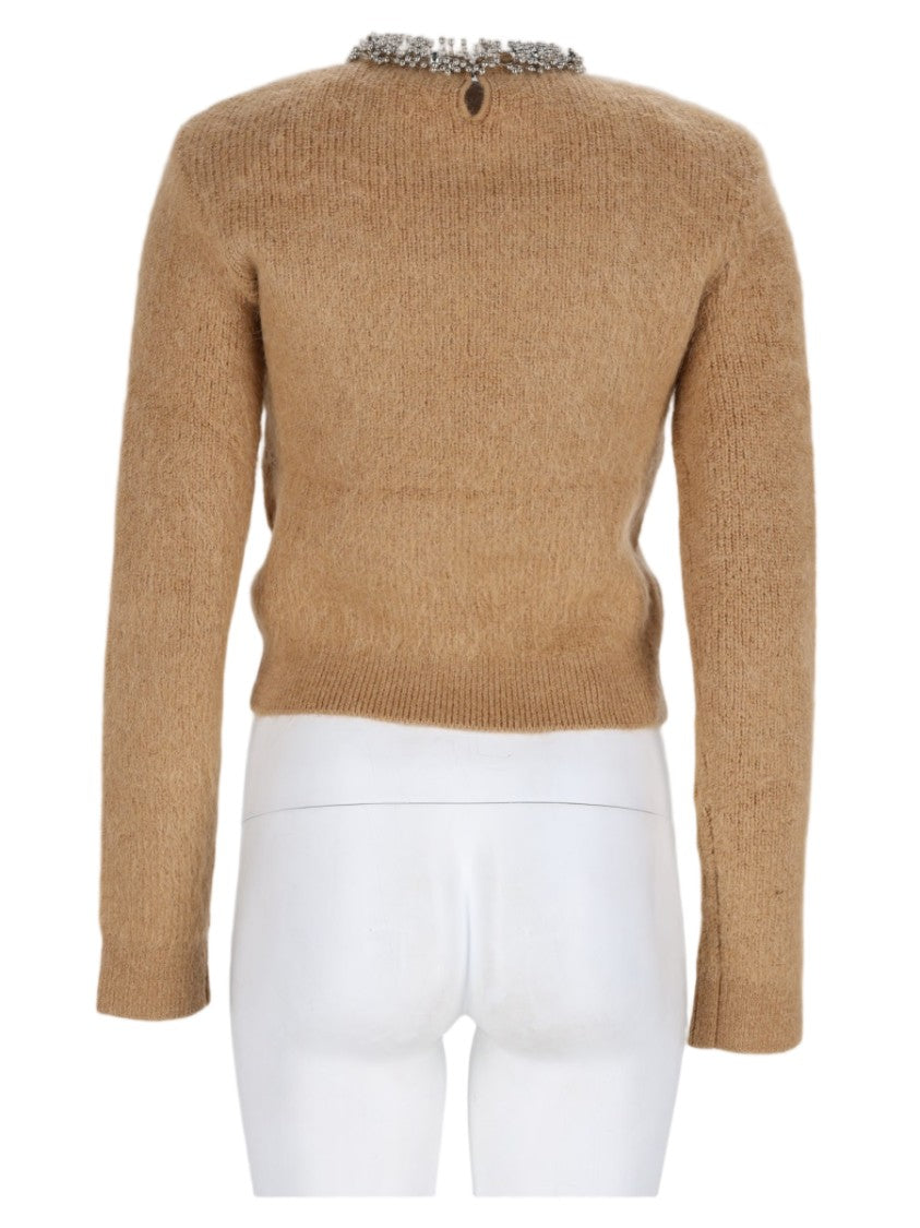 Self-Portrait Brown Embellished Collar Textured Knit Sweater