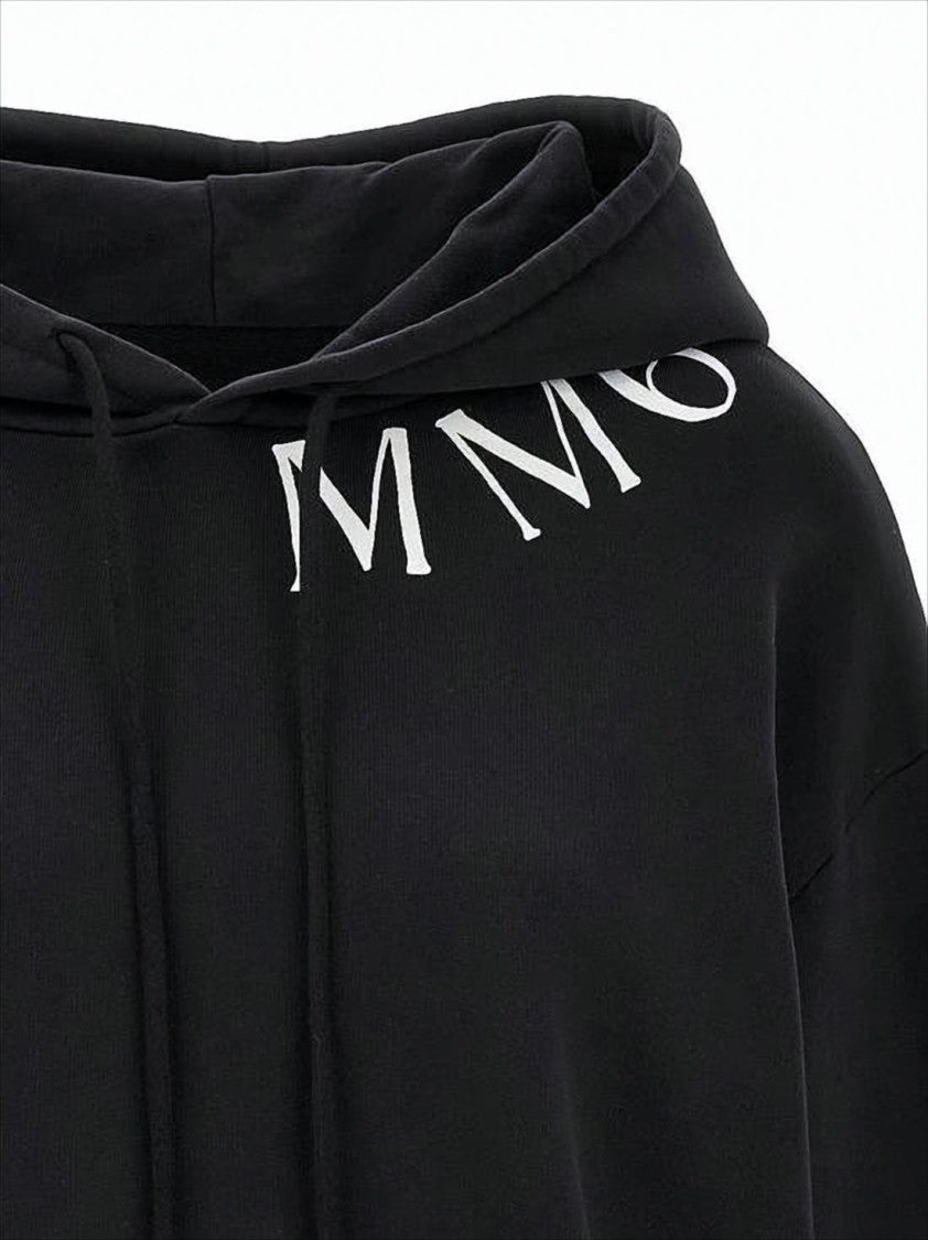 Mm6 By Maison Margiela Cropped Black Hoodie With Printed Details