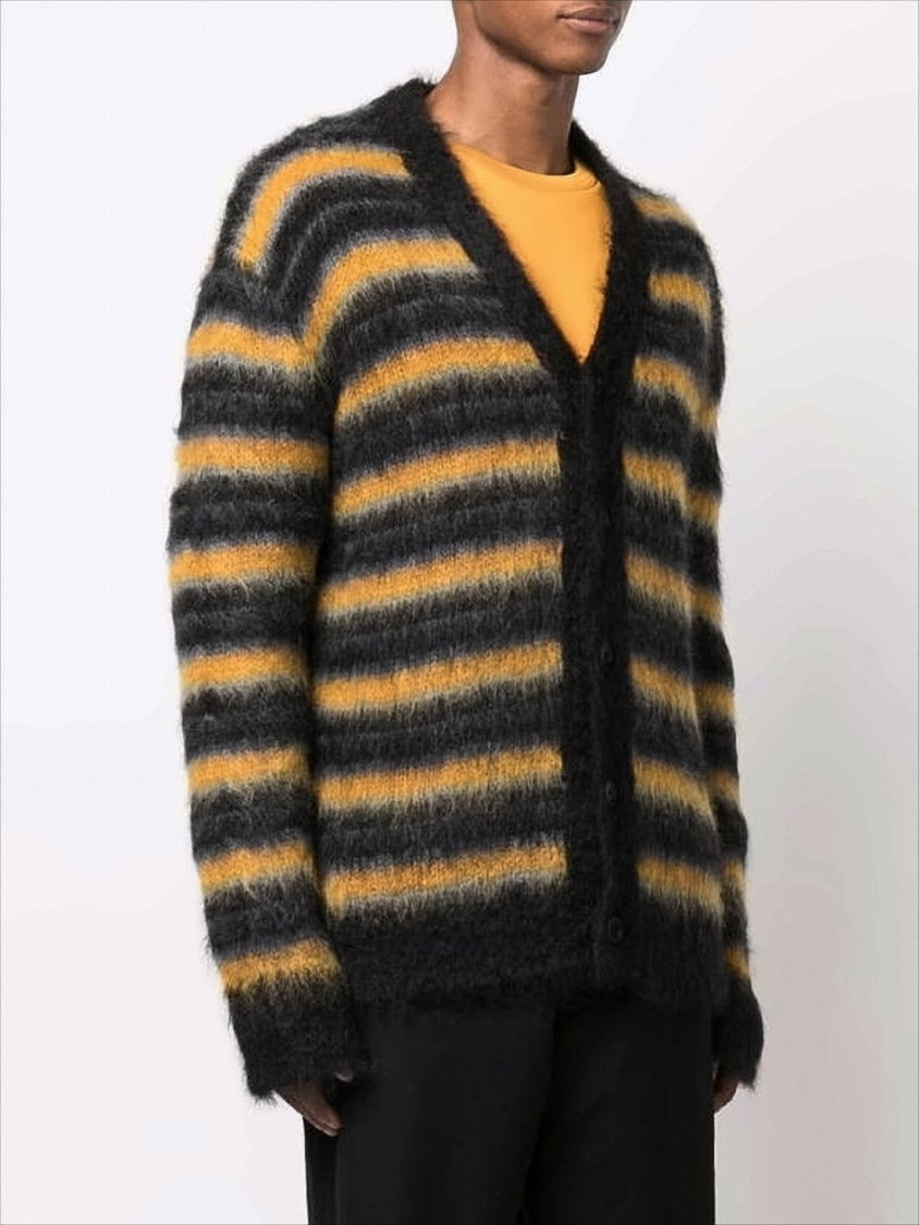 Marni Horizontal Striped Fuzzy Mohair Cardigan