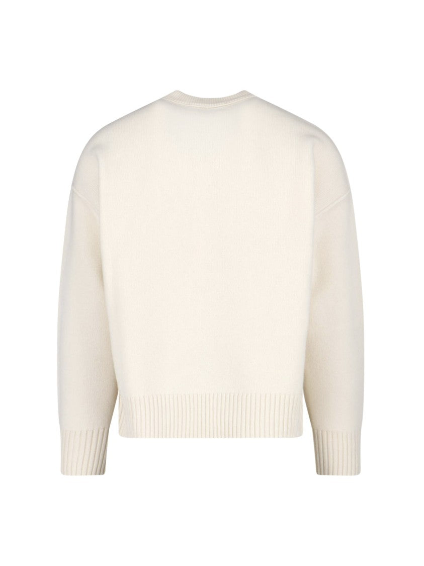 Ami Paris Cream Knit Sweater With Ribbed Neckline