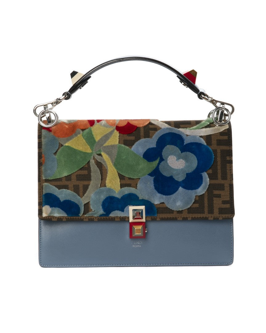 Fendi Blue Kan I Flower Medium Canvas Shoulder Bag