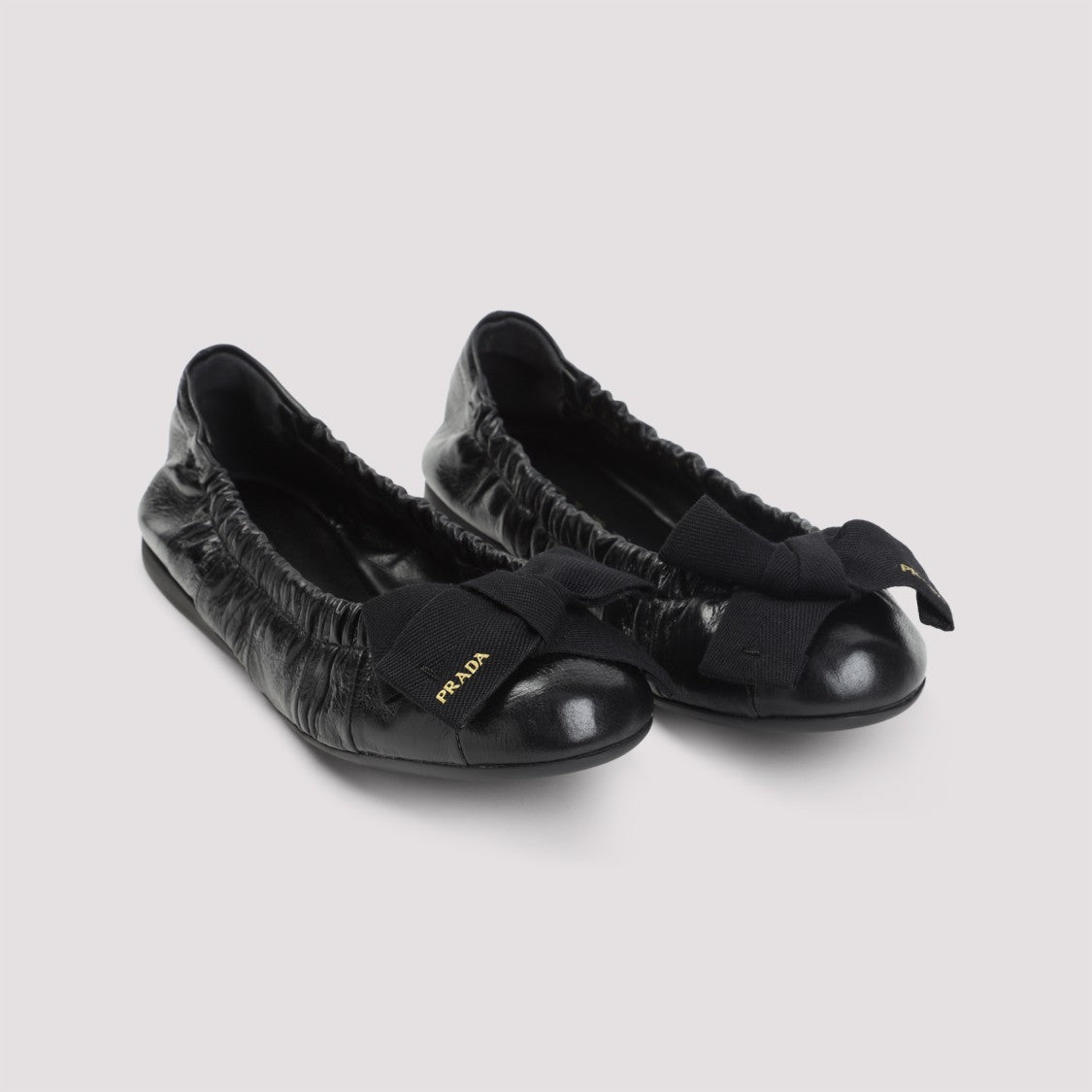 Prada Gathered Black Calf Leather Ballerina Flats