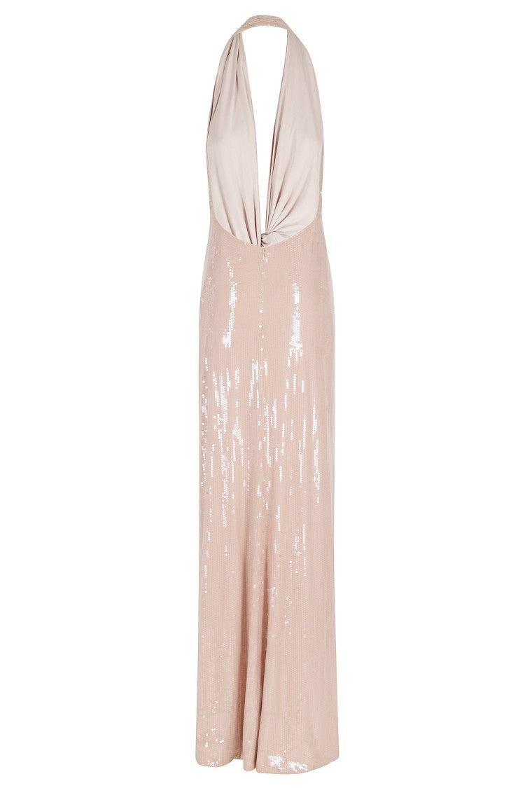 Nissa Powder Pink Deep V-Neck Sequined Drape Mesh Evening Dress