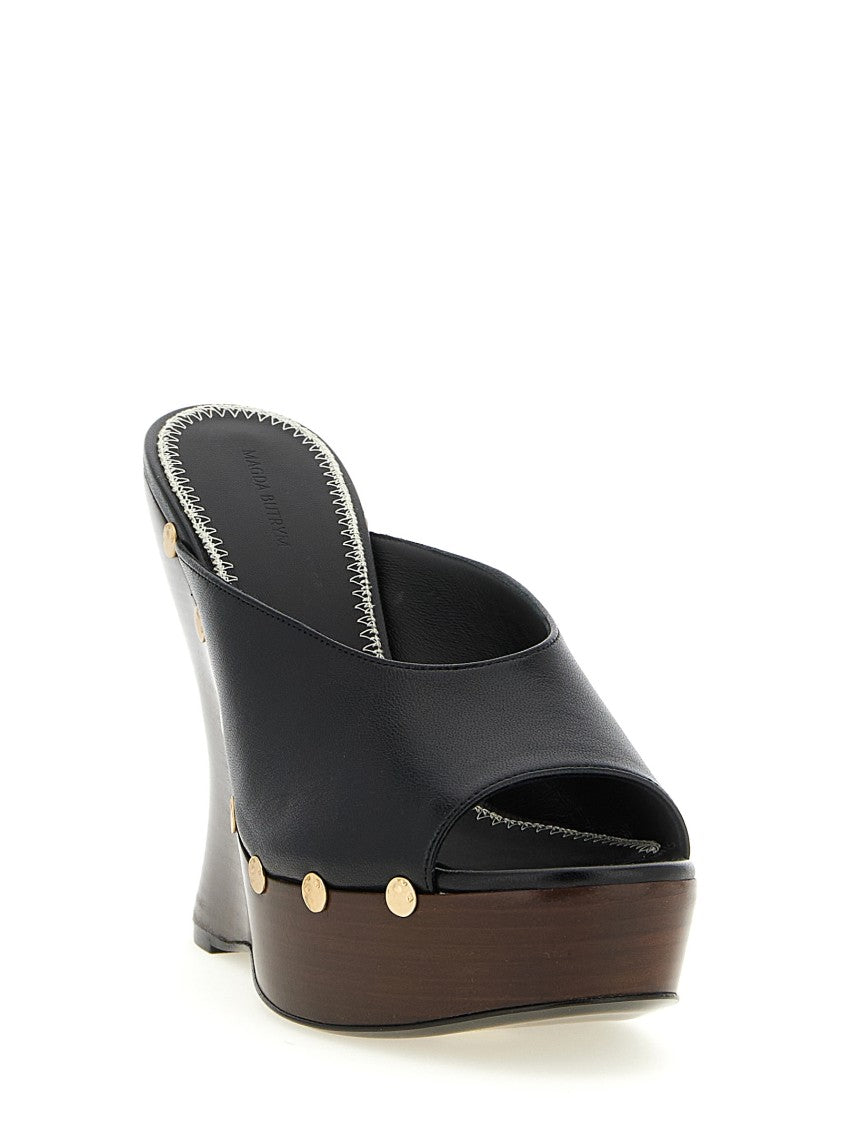 Magda Butrym Open Toe Leather Mules With Sculpted Wooden Wedge