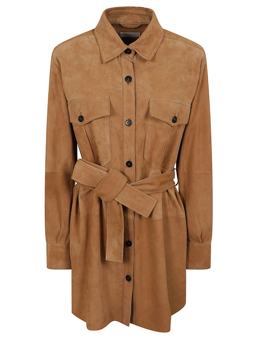 Antonelli Firenze Belted Utility-Inspired Shirt Jacket In Premium Camel Suede