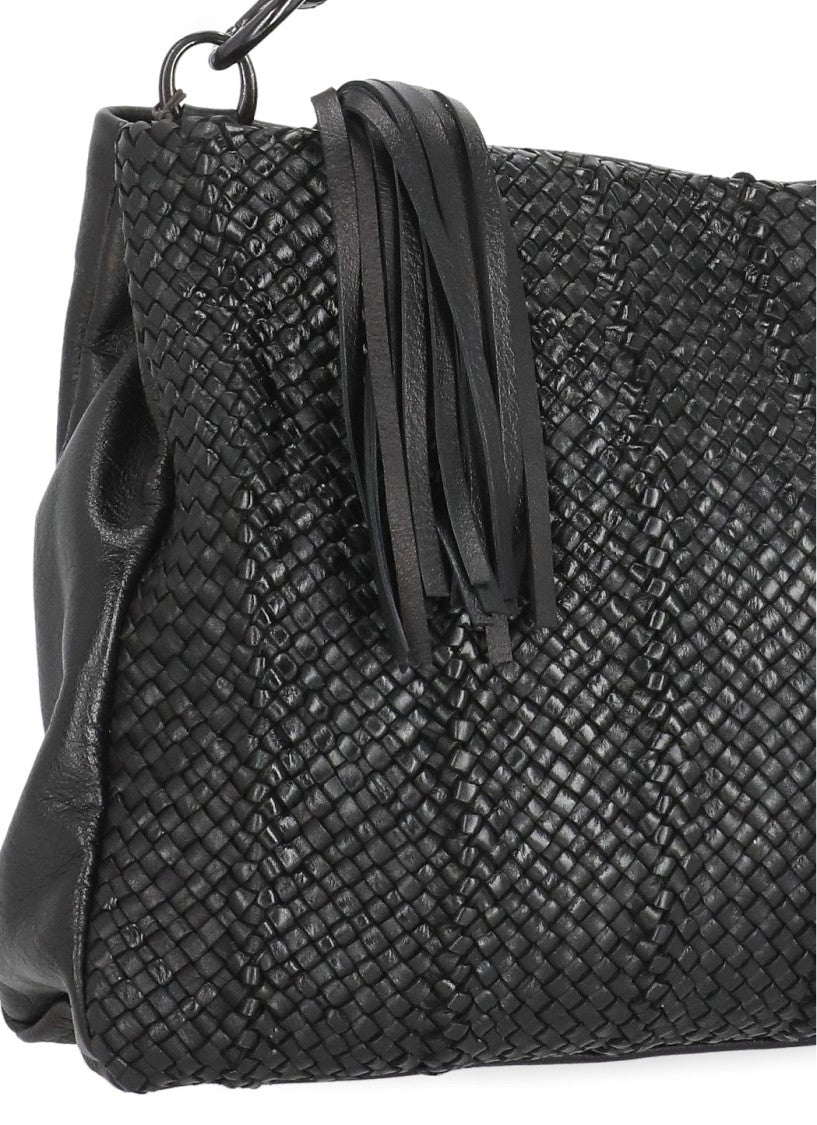 Reptile's House Fringed Braided Black Shoulder Bag With Dual Compartments