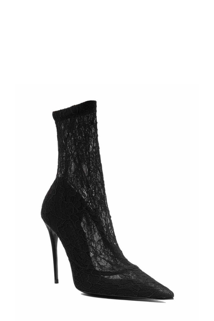 Dolce & Gabbana Black Sheer Floral Lace Pointed Stiletto Boots