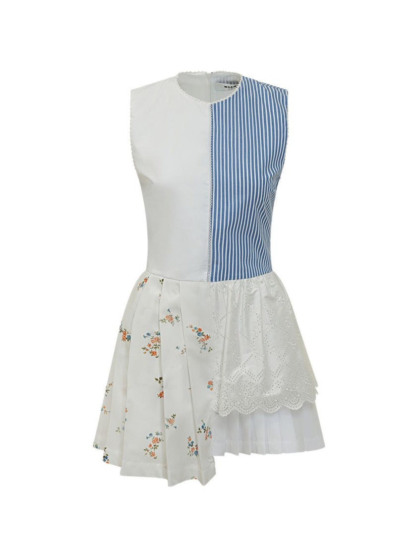 Msgm White Blue Striped Floral Mini Dress