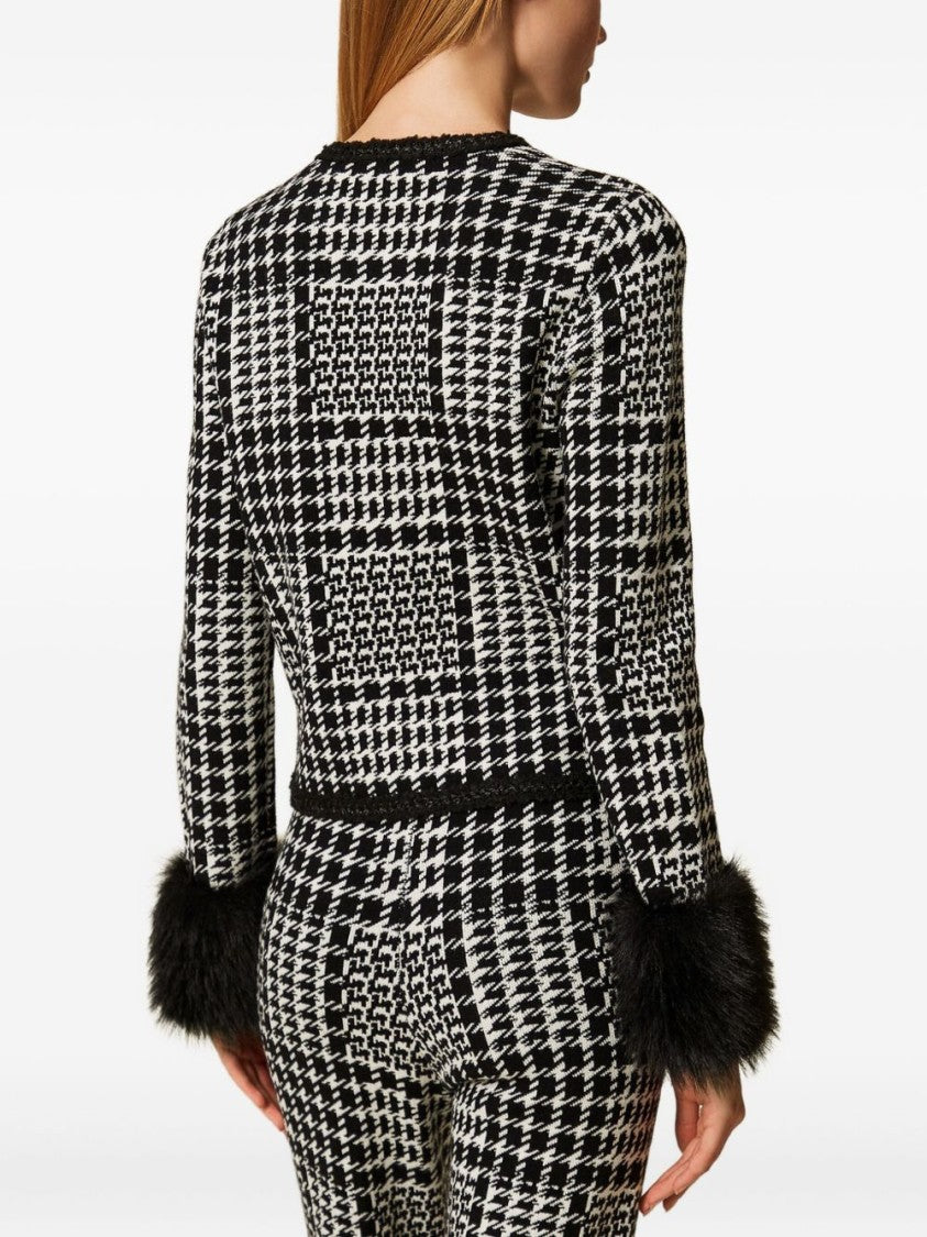 Twin-Set Houndstooth Pattern Jacket With Faux Fur Accents