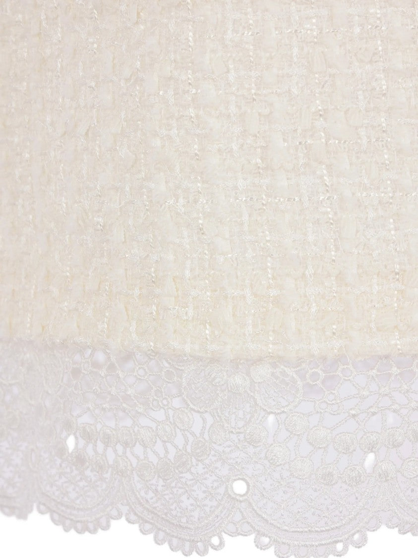 Self-Portrait White Lace-Trim Boucle Midi Skirt
