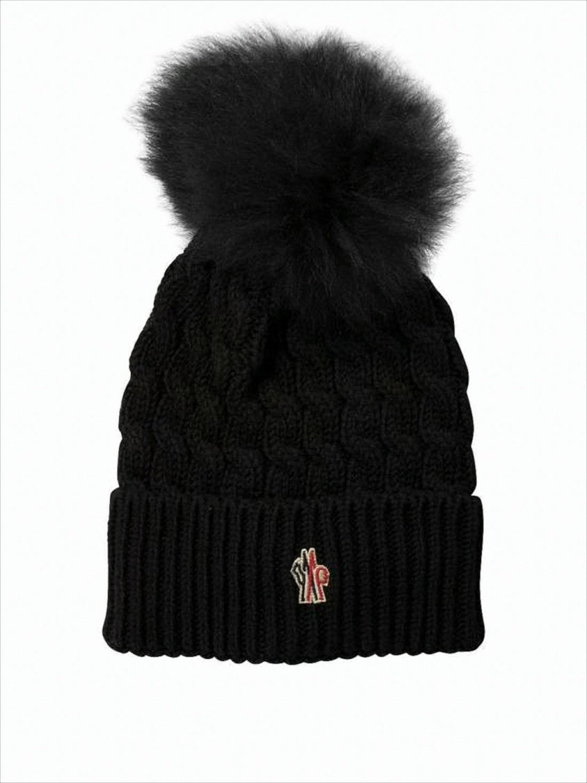 Moncler Textured Cable Knit Beanie With Fluffy Pom-Pom And Embroidered Logo