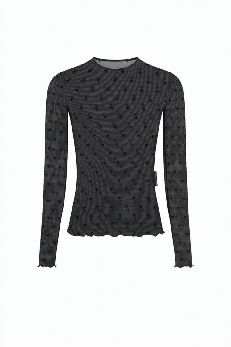 Marine Serre Fitted Long-Sleeve Top With Textured Sheer Fabric