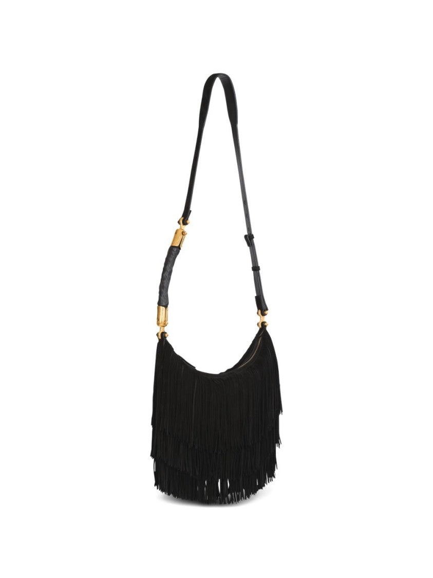 Balmain Black Fringe Detail Suede Shoulder Bag