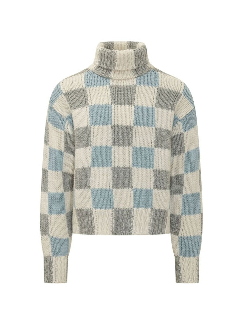 Kenzo Checkered Knit Sweater With High Turtleneck And Ribbed Details