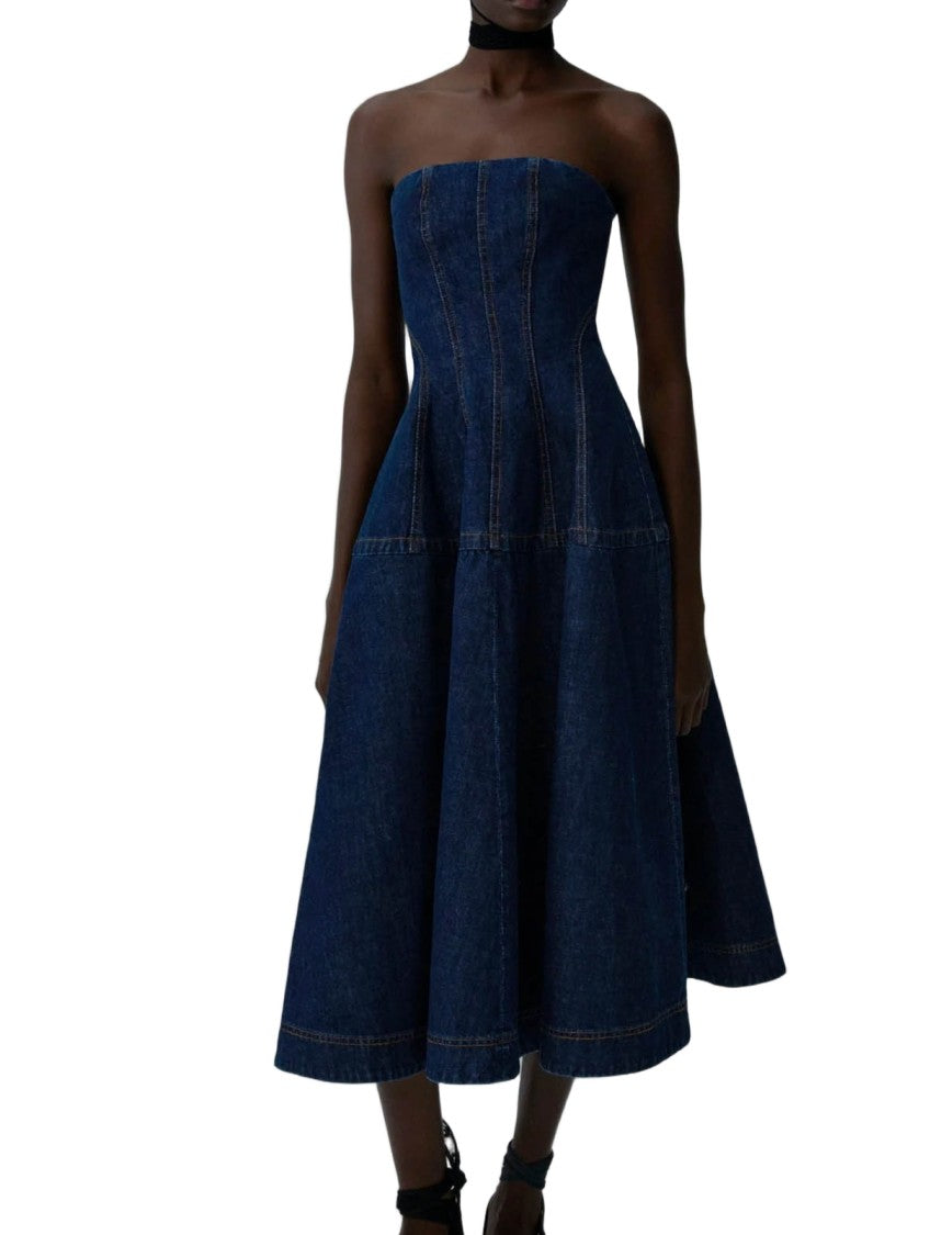 Magda Butrym Sculptural Denim Midi Dress With Corset Bodice