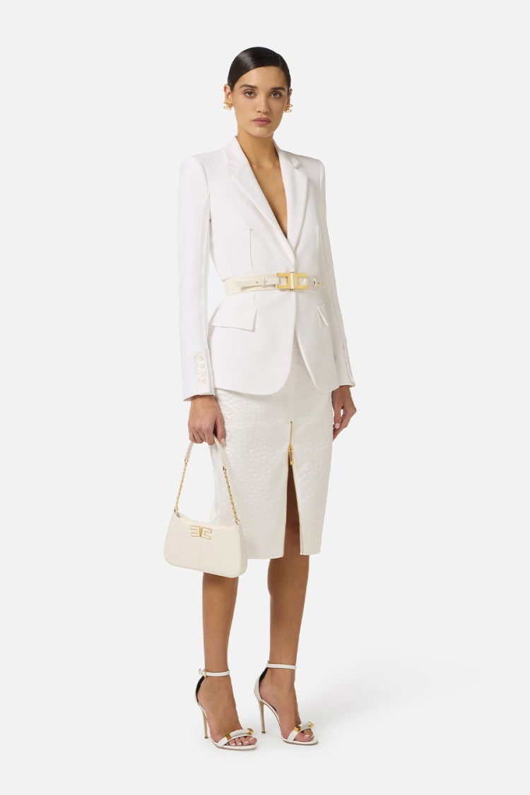 Elisabetta Franchi Ivory Peak Lapel Single-Button Raw-Edge Polyester-Blend Blazer