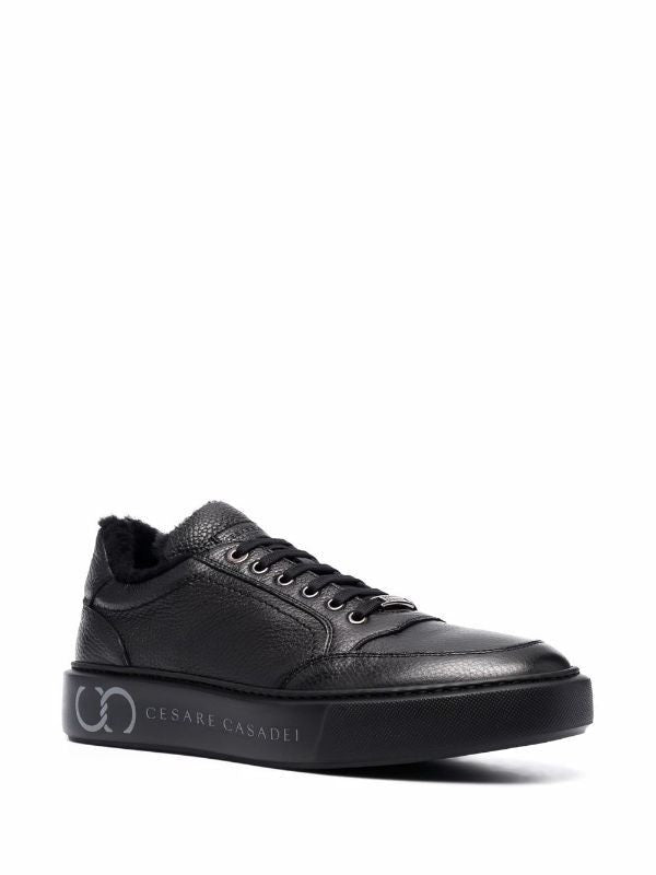 Casadei Textured Black Leather Low-Top Sneakers With Fur Lining