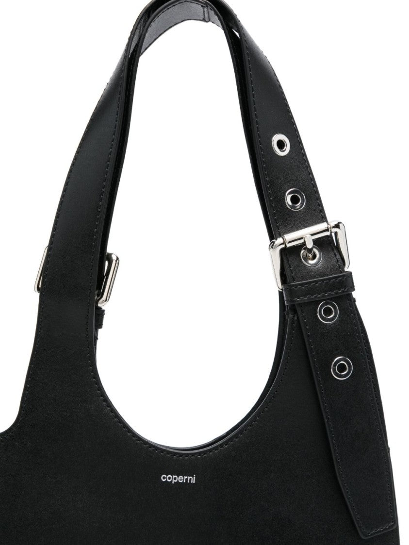 Coperni Asymmetrical Black Handbag With Silver-Tone Buckle Detail