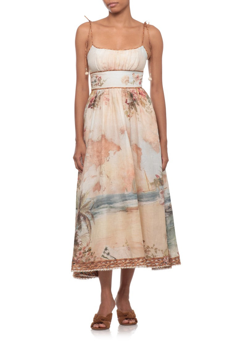 Zimmermann Island Map Print Midi Dress With Structured Bodice And Shell Charms