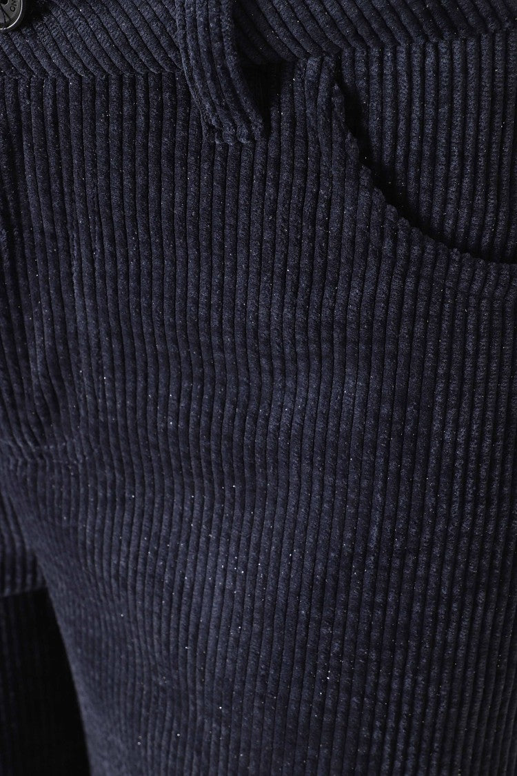 Ermanno Firenze Blue Glossy Ribbed Velvet Straight-Leg Pants