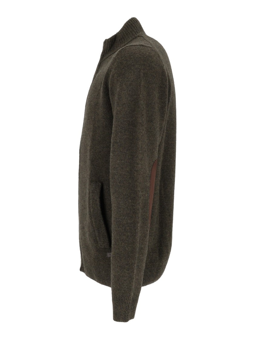 Barbour Wool Zip-Through Sweater With Ribbed Collar And Contrasting Patches