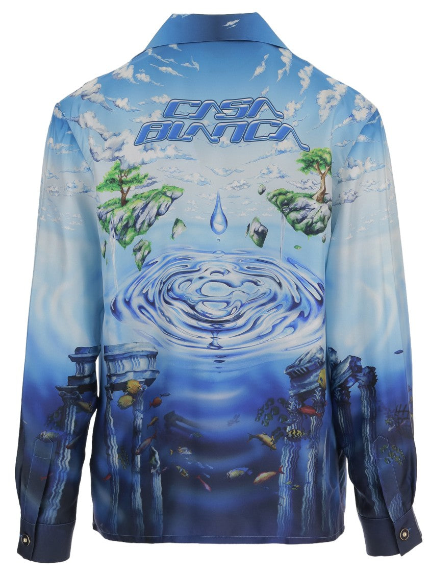 Casablanca Light Blue Silk Graphic Shirt
