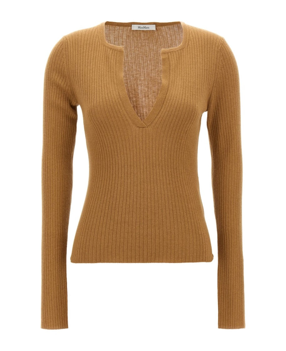 Max Mara Ribbed Cashmere-Silk Blend Sweater With Deep V-Neckline