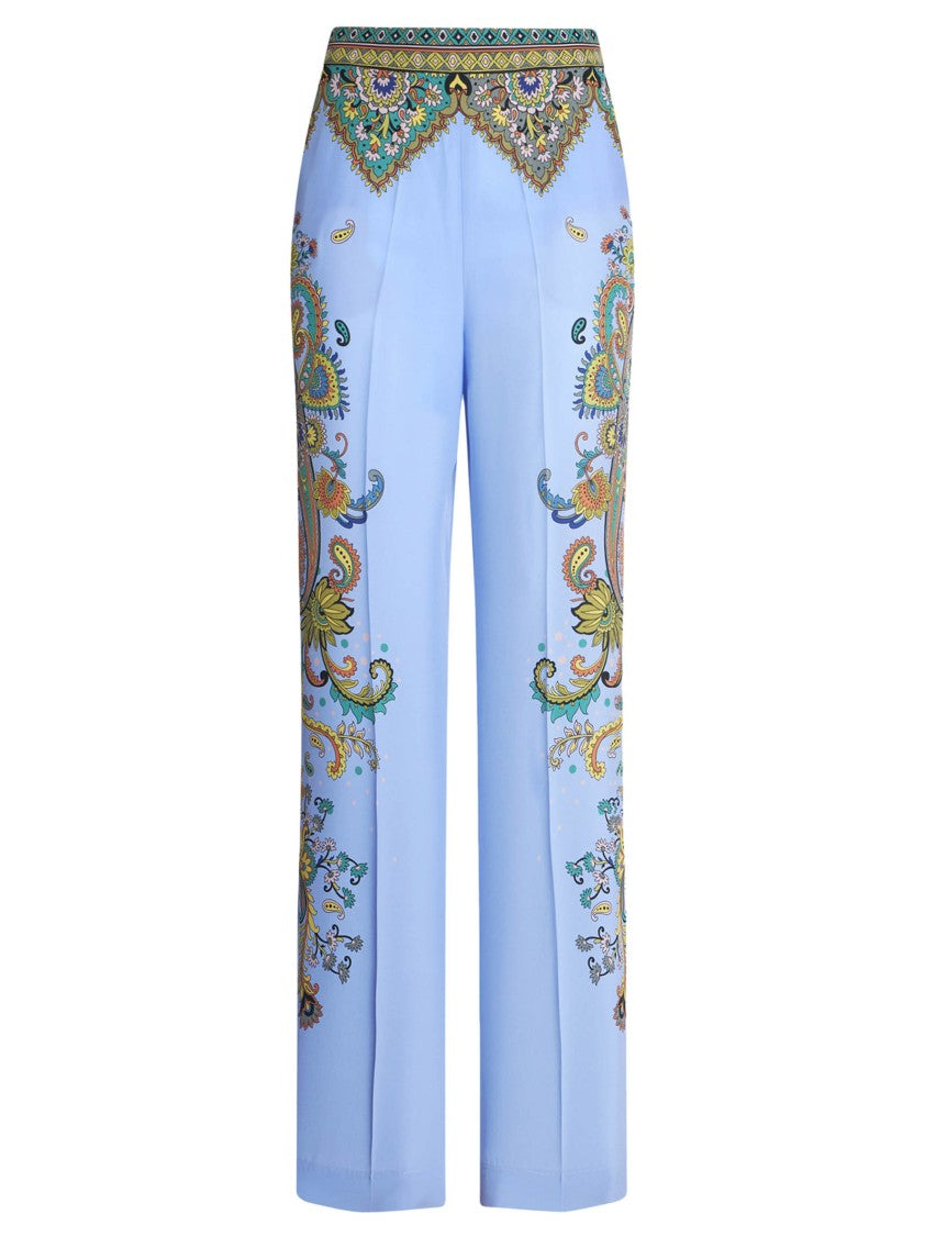 Etro Light Blue Silk Palazzo Trousers With Floral Print