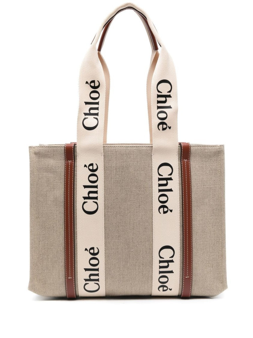 Chloé Beige Woody Medium Linen Tote Bag