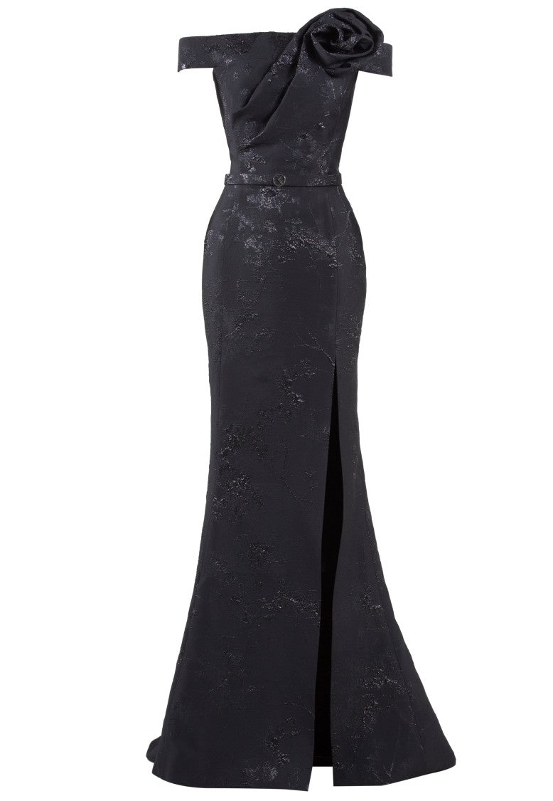Saiid Kobeisy Long Brocade Dress With A Thin Belt
