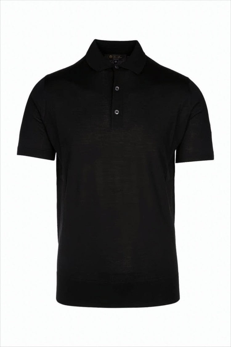 Loro Piana Classic Black Wool Polo Shirt With Three-Button Placket
