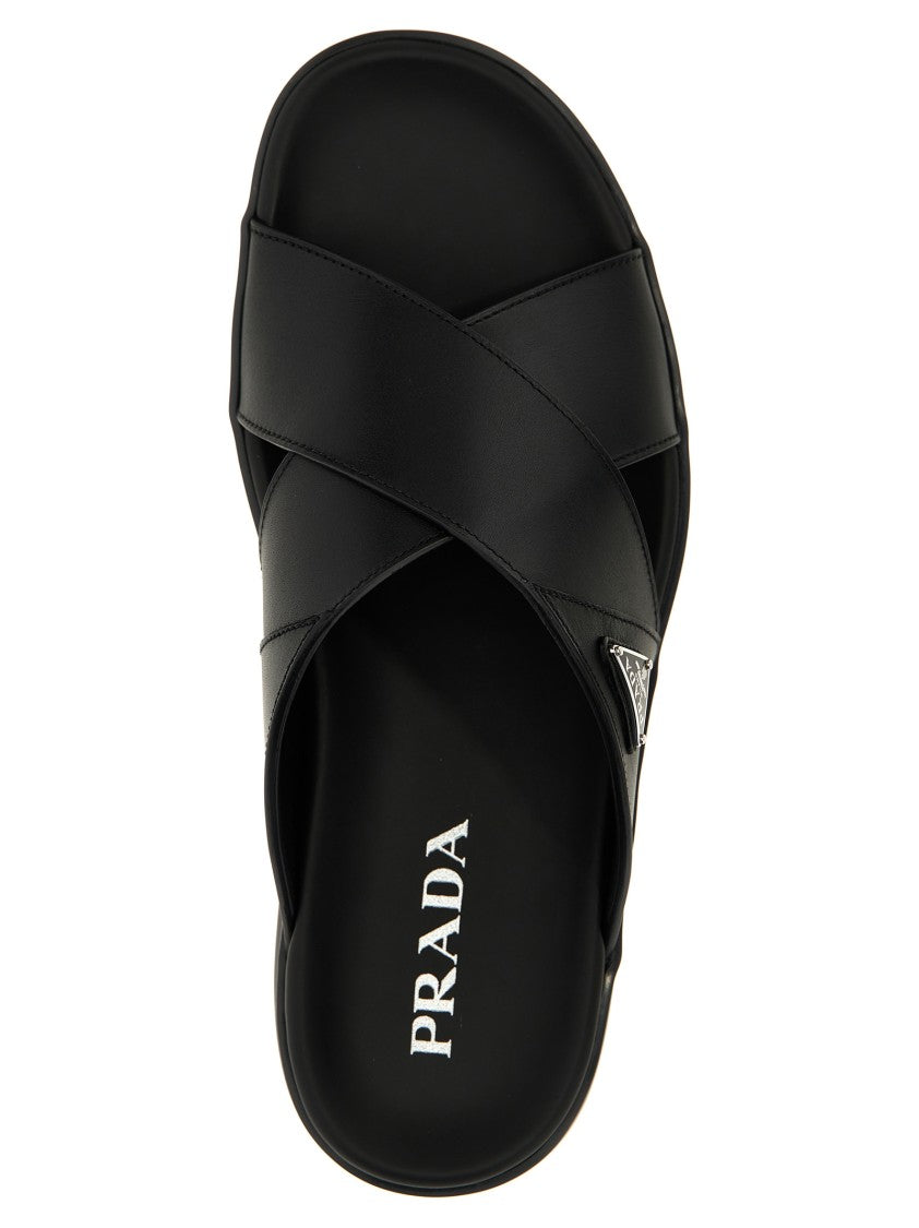 Prada Black Leather Sandals With Triangle Enameled Logo